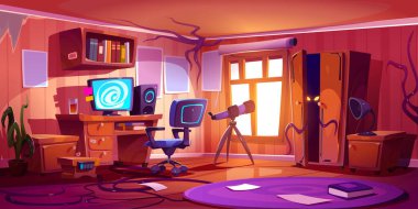 Haunted room with monster in wardrobe cartoon illustration. Vector interior design of berdoom with scary supernatural creature hiding in furniture and corners, computer on desk, telescope near window