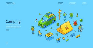 Isometric landing page for camping business. Vector illustration of travel accessories, car loaded with baggage, tourist with backpack, woman studying map, man cooking barbecue near tent and fireplace