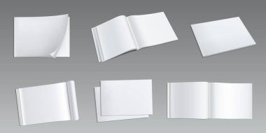 Magazine, horizontal, album mock up, brochure or booklet template. Isolated open notebook with white blank pages. Empty paper catalog, journal on grey background, Realistic 3d vector illustration