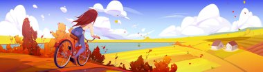 Young woman ride bicycle at autumn rural landscape with yellow fields, cottages and clear lake under blue cloudy sky. Girl travel, outdoor sport exercise, healthy lifestyle Cartoon vector illustration