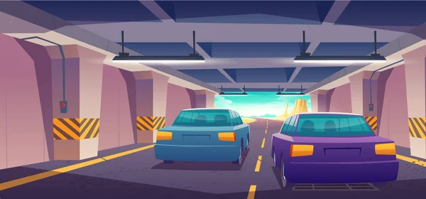 Car Exit Underground Tunnel Rear View Automobiles Driving Asphalted Road — Wektor stockowy