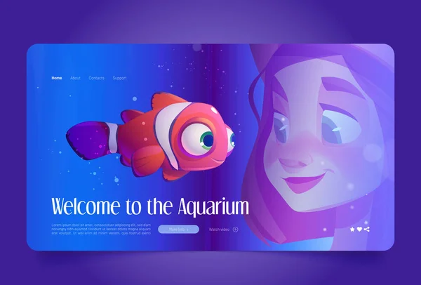 Welcome Aquarium Cartoon Landing Page Young Girl Look Clown Fish — 스톡 벡터