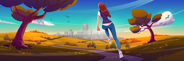 Young girl jogging in autumn city park with cityscape perspective view. Sportswoman run, sports activity. Fit female character exercising in urban garden, healthy lifestyle Cartoon vector illustration