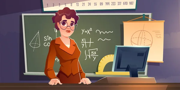 School Teacher Stand Classroom Blackboard Algebra Formula Female Lecturer Wear — Stock Vector