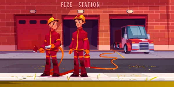 Firefighters Characters Fire Station Truck Garage Box Brave Men Rescuers — ストックベクタ