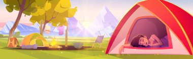 Woman sleep in camping tent with fire and tourist stuff. Traveler girl relax in halt with drying clothes on nature landscape with trees and rocks, hiking or travel scene Cartoon vector illustration