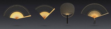 Chinese and japanese hand fans. Black and gold silk accessory, traditional asian handheld folding fans with tassel isolated on transparent background, vector realistic set