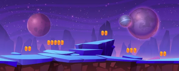 Space Game Level Background Rocky Platforms Golden Bonus Assets Extraterrestrial — 图库矢量图片