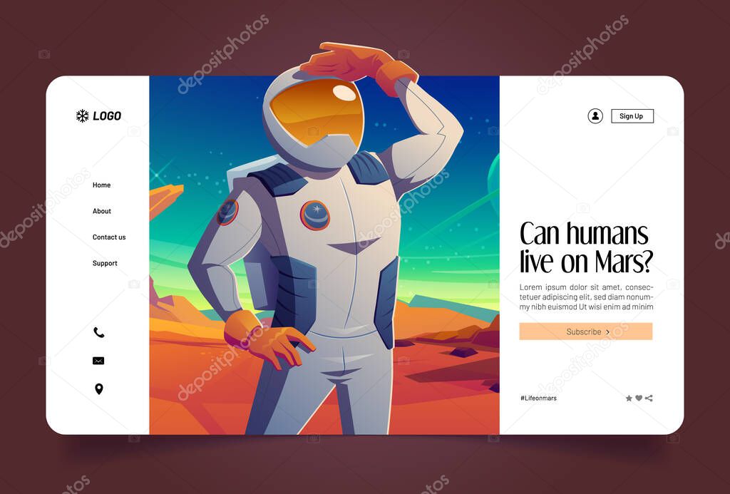 Mars colonization, space explore mission cartoon landing page. Astronaut looking far on alien planet. Cosmonaut in suit on extraterrestrial landscape, humans investigate galaxy. Vector web banner