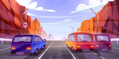 Cars driving road with cartoon rocky mountain landscape. Vector illustration of many autos riding modern high speed highway with traffic signs and light poles. Holiday travel on summer vacation
