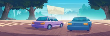 Cars driving at highway rear view, automobiles riding along asphalted road with trees by sides and mountain landscape under blue sky at sunny day, travel to national park, Cartoon vector illustration
