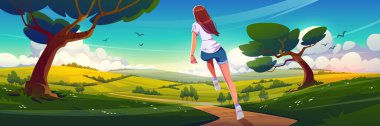 Countryside scene with girl runs on road. Summer landscape with agriculture fields, trees, green grass and running girl back view, vector cartoon illustration