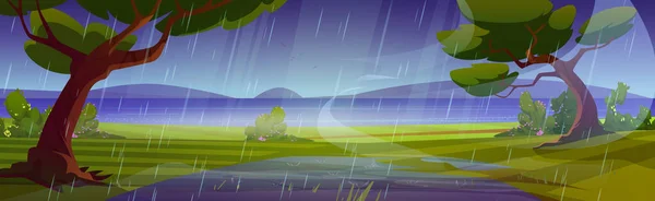 Summer Rain Wild Nature Landscape Cartoon Background Green Forest Trees — Stock Vector
