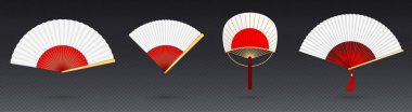 Chinese hand fan red, white and gold color, isolated handheld souvenir from China or Japan, folding paper or silk blower. Traditional oriental asian geisha collection, Realistic 3d Vector mock up