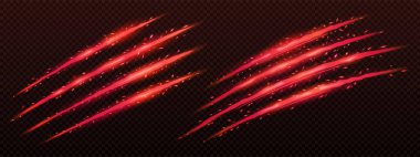 Sparkling monster claw mark scratches, red glowing wild animal traces, predator nail trails. Tiger, dragon, bear, lion, cat paws fire talon rips, Realistic 3d vector slashes on transparent background