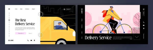The best delivery service cartoon landing pages. Postman or courier on bicycle and car deliver goods to customers. Express shipping, mail order transportation to client Line art flat vector web banner