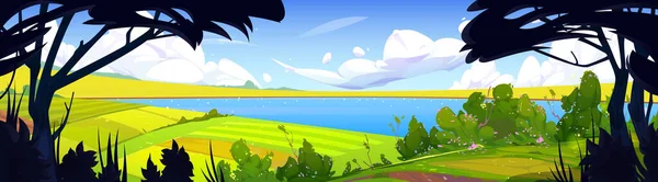 Cartoon nature landscape, summer forest panoramic background with lake, trees, bushes and green rural fields under blue sky with fluffy clouds, scenery woodland at day time, Vector illustration