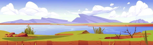 Summer nature landscape, scenery valley with lake, rocks, green field with lush grass and plants. Clear pond under blue sky, natural park, cartoon parallax background for game, Vector illustration