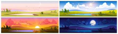 Cartoon nature landscape day time set. Pond at green field with bushes at early morning, evening sunset and night with moon. Scenery background with lake, natural scenes, Vector illustration, set