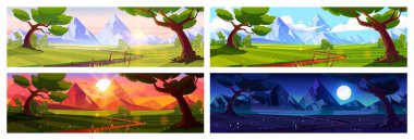 Cartoon nature landscape at morning, evening, night and day time set. Rural dirt road going along green field with deciduous trees and mountains view. Scenery game backgrounds, Vector illustration