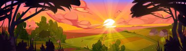 Cartoon nature landscape, summer evening forest panoramic background with trees, bushes and green rural field under dusk sky with sun shining in pink clouds, scenery woodland, Vector illustration