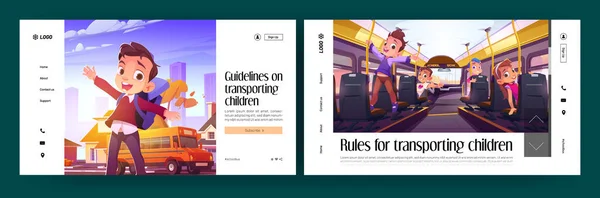 Children Transporting Rules Guideline Landing Pages Funny Little Students Sitting — Stockový vektor