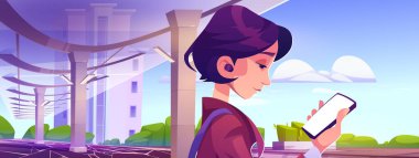 Cartoon woman with smartphone in city street. Female character in earphones looking at blank gadget screen, waiting transport on station under glass roof. Urban girl using mobile app. Vector design