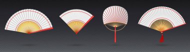 Set of realistic hand fans png isolated on transparent background. Vector illustration of traditional asian souvenir of different shapes with red decoration. Folding paper or silk geisha accessory