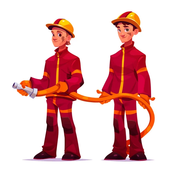 Пожарные Держат Водяной Шланг Тушения Пламени Команда Профессиональных Работников Пожарные — стоковый вектор