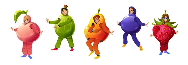 Characters Funny Party Costumes Fruits Happy People Dressed Carnival Costumes — Vettoriale Stock