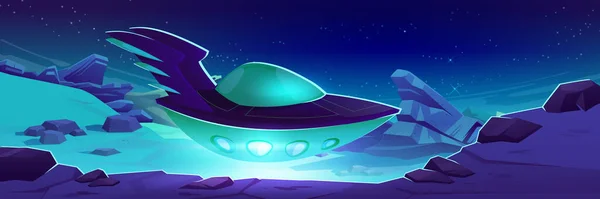 Alien Spaceship Fly Planet Surface Futuristic Scene Cosmic Landscape Planet — Stok Vektör