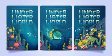 Underwater world banners with submarine, sunken ancient ruins, broken Poseidon statue, marine plants and fish. Vector cartoon posters with ocean bottom landscape under water