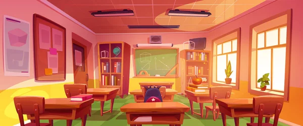 Empty School Classroom Cartoon Illustration Vector Design Interior Desks Chairs — 图库矢量图片