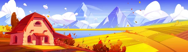 Countryside autumn panorama with stone farm house, agriculture fields, river and mountains. Rural scene with cottage with woodpile on lake coast in fall, vector cartoon illustration