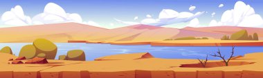 Game level landscape of african desert with oasis. Ground texture background with sand dunes, river or lake, dry plants and green bushes, vector cartoon illustration