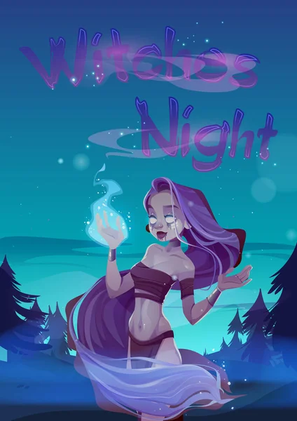 Witch Night Poster Spooky Wizard Girl Hold Magic Blue Fire — Vetor de Stock