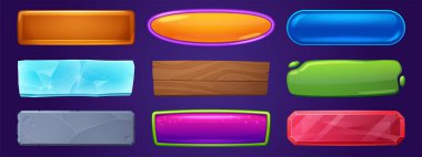 Web and game menu buttons with wooden, ice, stone, glass and crystal textures. Vector cartoon set of rectangle buttons from different materials isolated on background