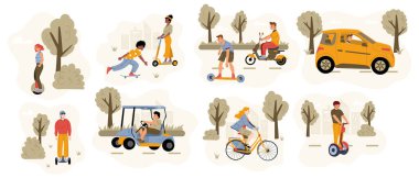 People drive different eco transport on city street and in park. Vector flat illustration of persons riding on bicycle, electric car, scooter, skateboard, monowheel and hoverboard