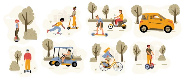 People drive different eco transport on city street and in park. Vector flat illustration of persons riding on bicycle, electric car, scooter, skateboard, monowheel and hoverboard