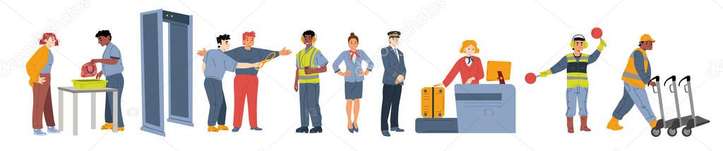 Airport staff, airline crew with pilot and stewardess, security and landing workers. Vector flat illustration of aviation service employees in uniform isolated on white background