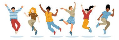 Happy people jump. Diverse persons joy, have fun, jump and dance isolated on white background. Group of excited characters, friends or students in different poses, vector cartoon illustration