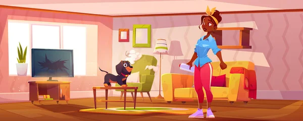Surprised Woman Looking Naughty Dog Messy Room Cartoon Vector Illustration — 스톡 벡터