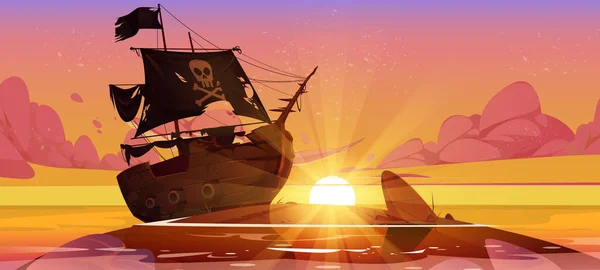 Pirate Ship Stuck Shallow Sea Sunset Time Filibuster Boat Black — Stockvektor