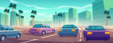 Cars drive on road on city street with sidewalk, buildings and palm trees. Vector cartoon illustration of urban traffic, cityscape with vehicles on crossroad with pedestrian crosswalk