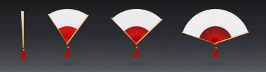 Chinese hand fan, traditional asian accessory isolated on transparent background. Open and closed red and white wooden japanese fan with tassel, vector realistic set