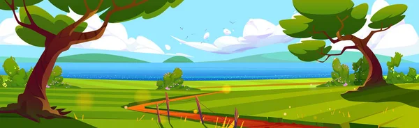 Літній Пейзаж Блакитним Озером Зеленим Полем Векторні Ілюстрації Мультяшні Дерева — стоковий вектор