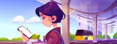 Woman use mobile phone to order taxi. City street, bus stop or station with girl looks at smartphone, yellow cab on road, vector cartoon illustration. Concept of passenger transfer, delivery service