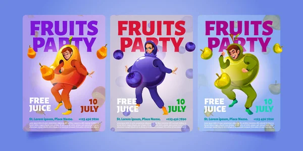 Fruits Party Cartoon Banners Invitation Flyers Funny People Wear Costumes — Stockvektor