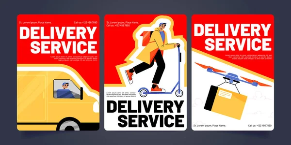 Delivery Service Cartoon Banners Postman Car Scooter Drone Deliver Goods — Vetor de Stock