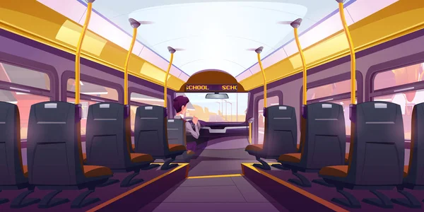Cartoon School Bus Interior Driver Empty Seats Comfortable Public Transport — Vetor de Stock